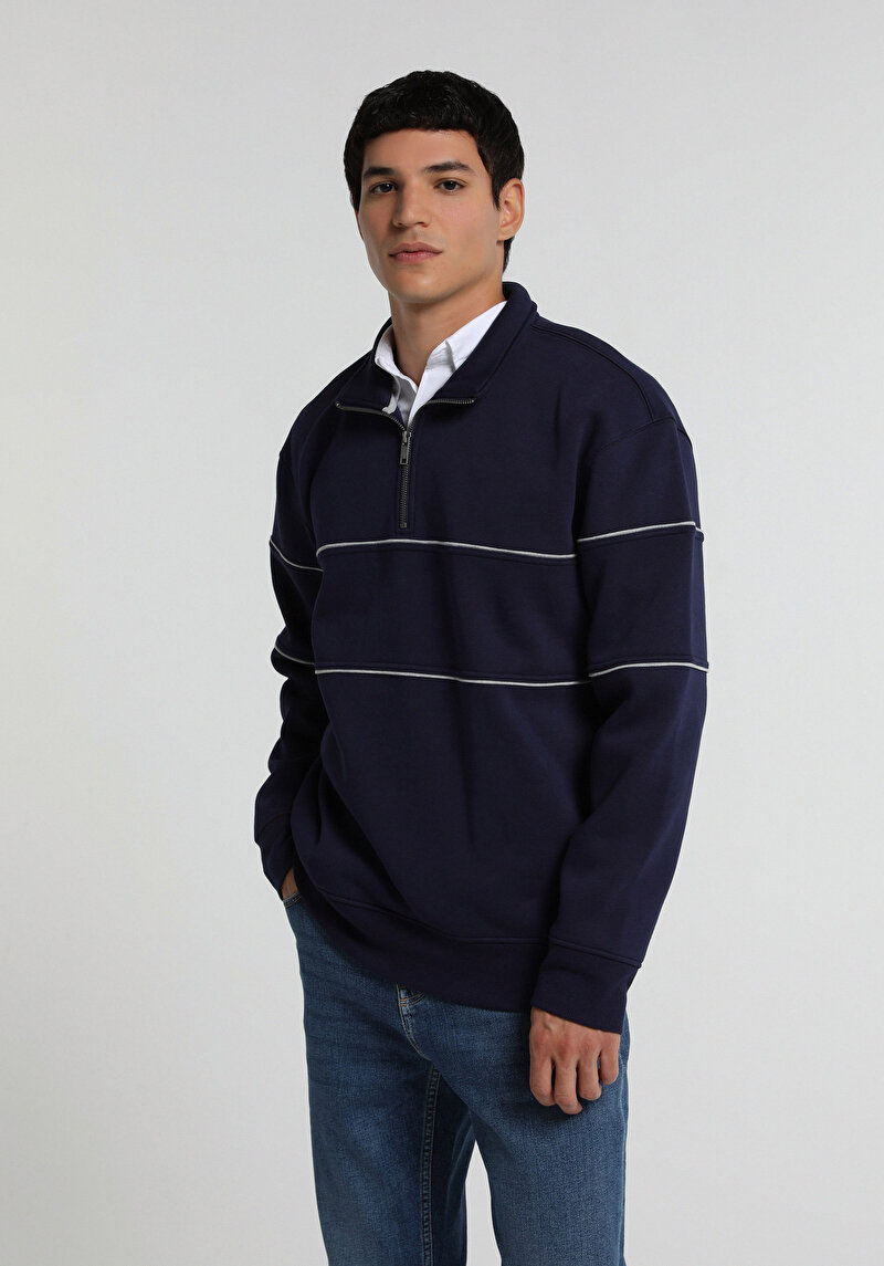 Relaxed Fit Dik Yaka Düz Erkek Lacivert Sweatshirt