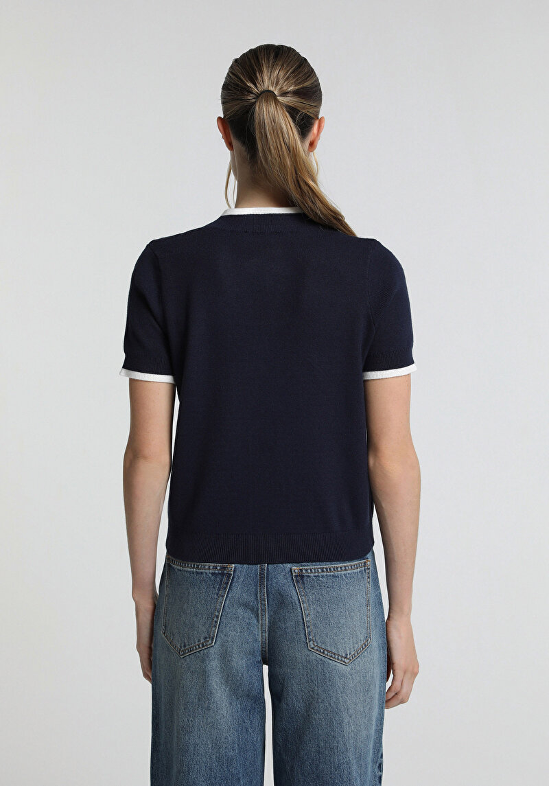 Slim Fit Düğmeli Yaka Düz Kadın Lacivert Kısa Kol Kazak