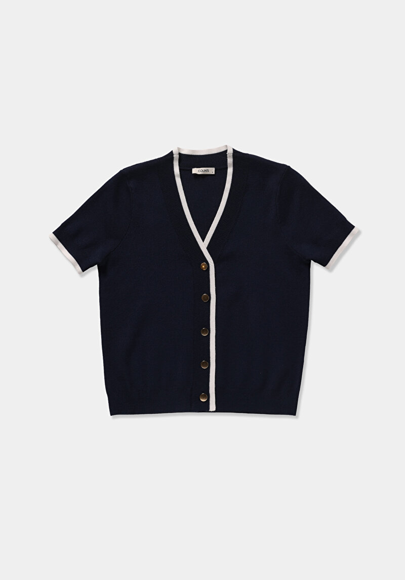 Slim Fit Düğmeli Yaka Düz Kadın Lacivert Kısa Kol Kazak