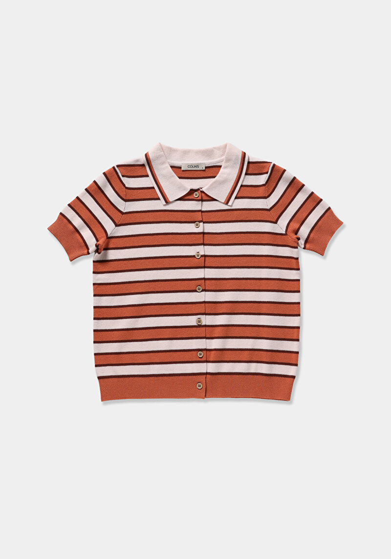 Regular Fit Polo Yaka Çizgili Kadın Çok Renkli Kısa Kol Kazak