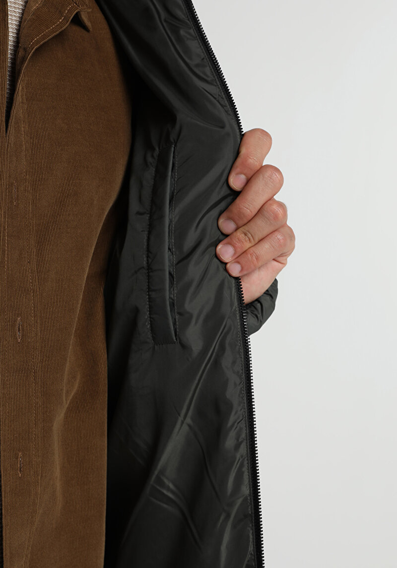 Slim Fit Kapüşonlu Fermuarlı Astarlı  Erkek Yeşil Mont