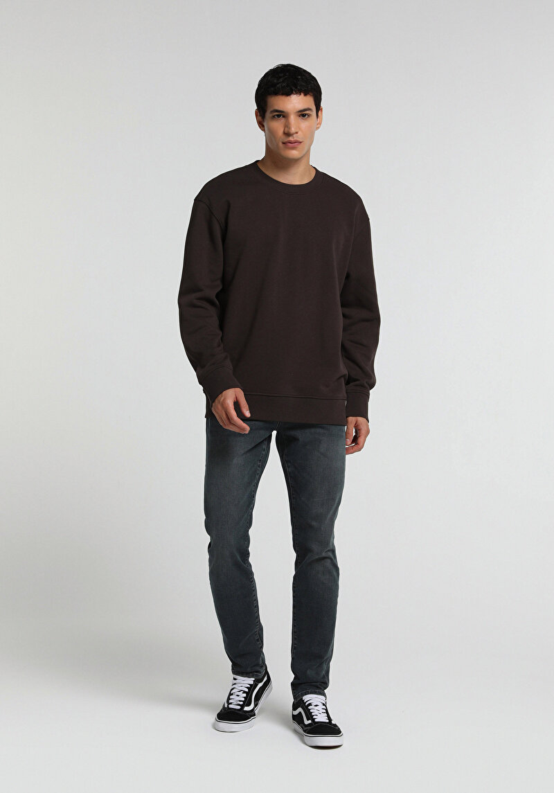 Relaxed Fit Yuvarlak Yaka Düz Erkek Kahverengi Sweatshirt