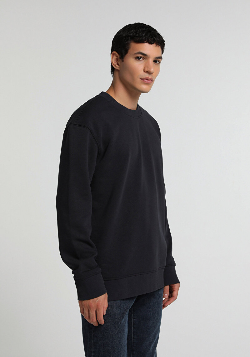 Relaxed Fit Yuvarlak Yaka Düz Erkek Lacivert Sweatshirt