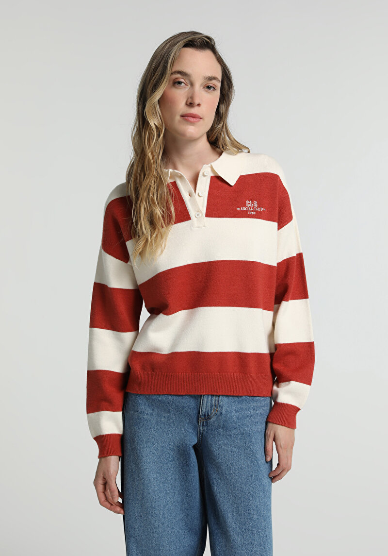 Regular Fit Polo Yaka Çizgili Kadın Turuncu Kazak