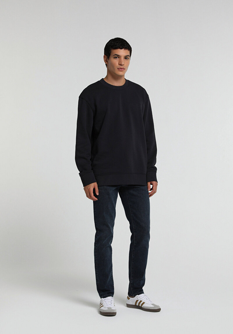 Relaxed Fit Yuvarlak Yaka Düz Erkek Lacivert Sweatshirt