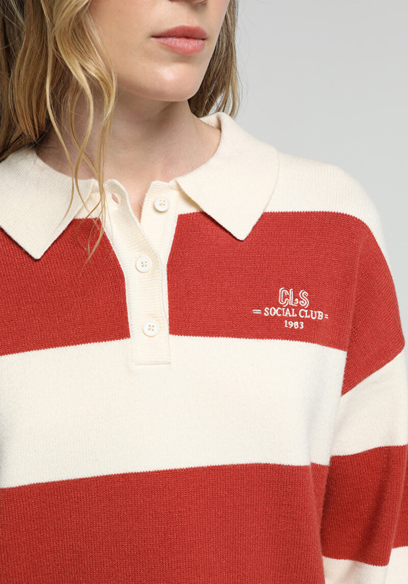 Regular Fit Polo Yaka Çizgili Kadın Turuncu Kazak