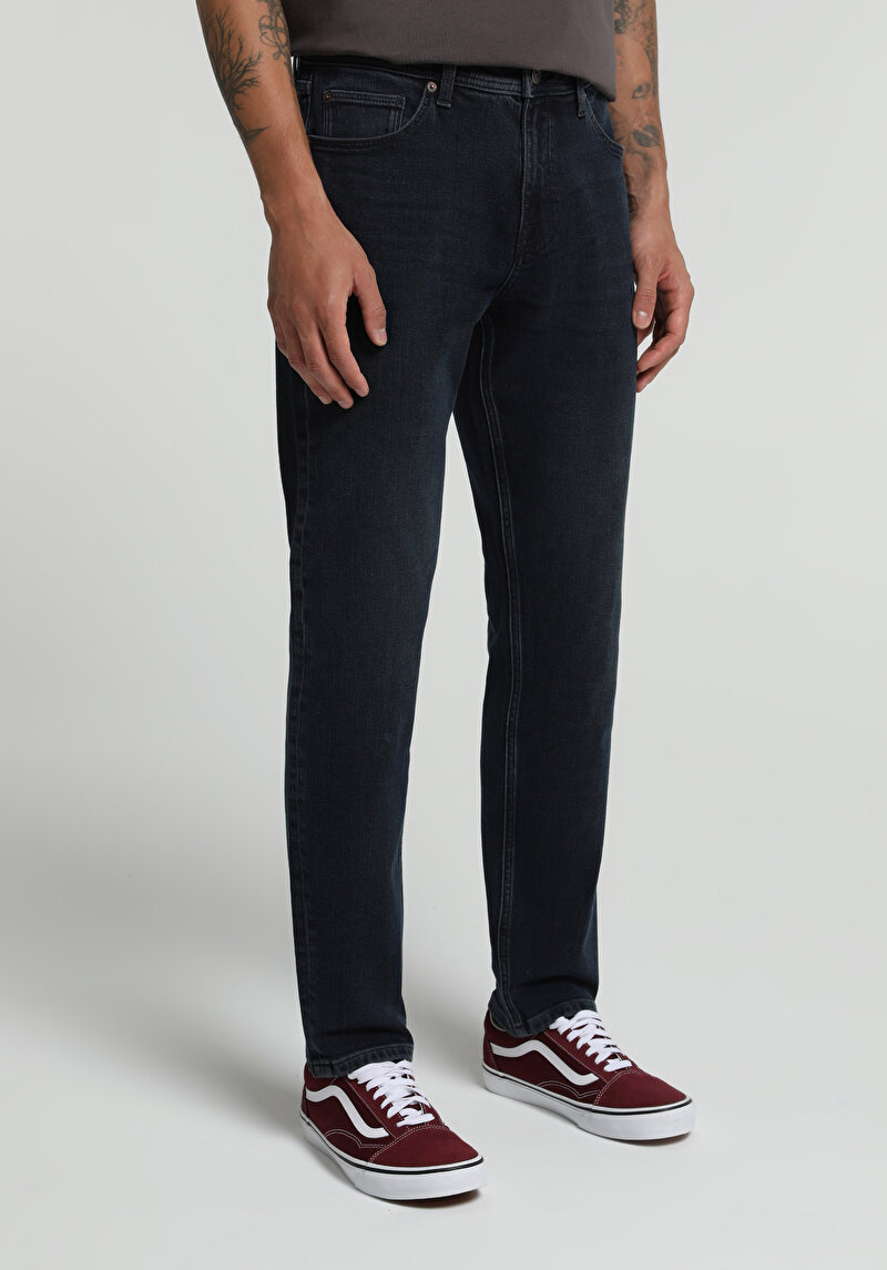Slim Tapered Fit Orta Bel Daralan Paça Erkek Blue Black Denim Jean Pantolon