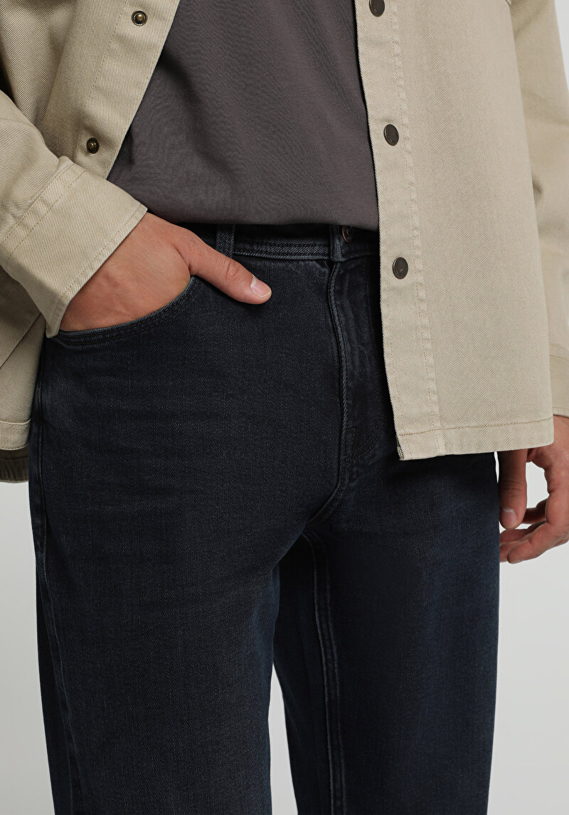 Slim Tapered Fit Orta Bel Daralan Paça Erkek Blue Black Denim Jean Pantolon