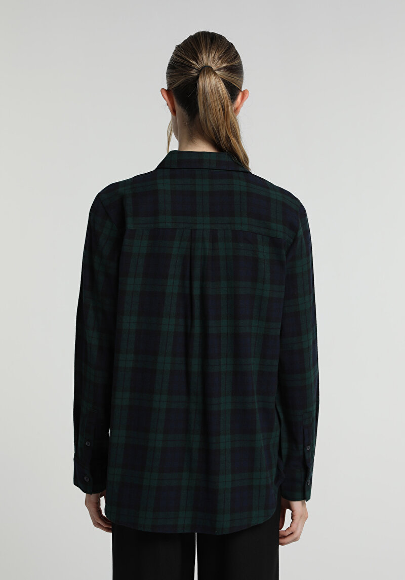 Regular Fit Shirt Neck Ekoseli Kadın Yeşil Uzun Kol Gömlek