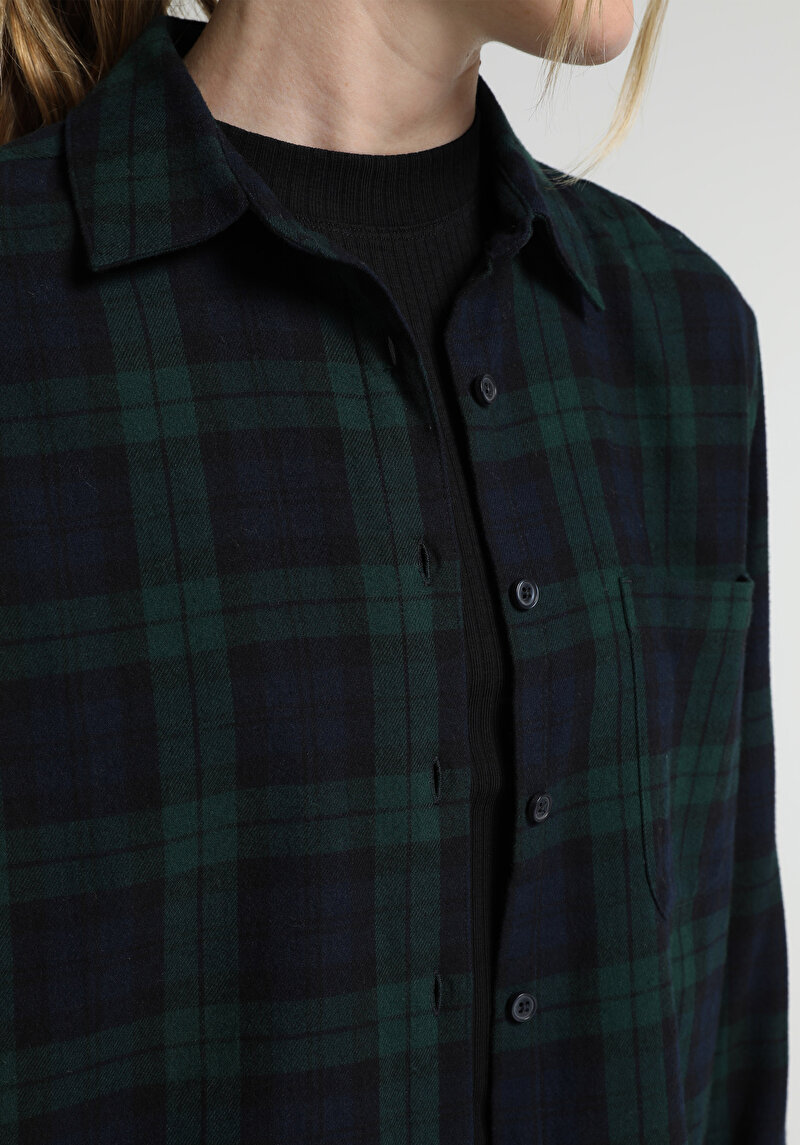 Regular Fit Shirt Neck Ekoseli Kadın Yeşil Uzun Kol Gömlek
