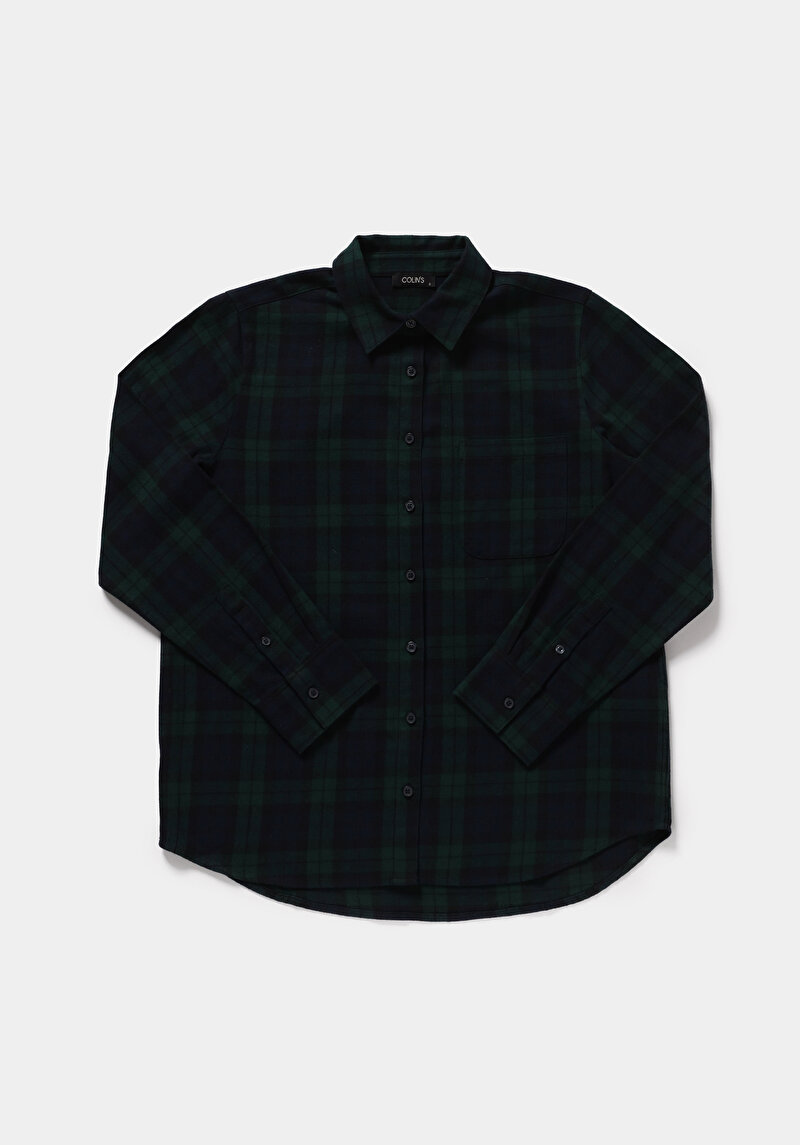 Regular Fit Shirt Neck Ekoseli Kadın Yeşil Uzun Kol Gömlek