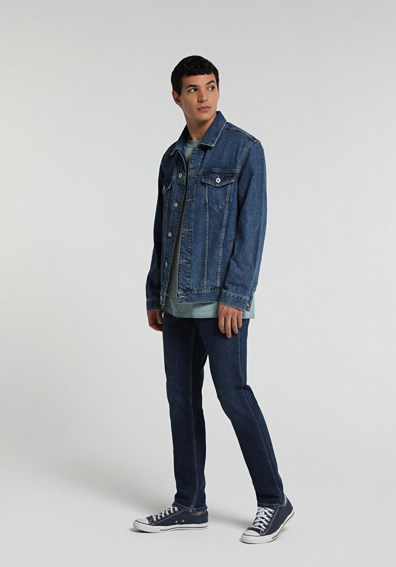 Straight Fit Orta Bel Düz Paça Erkek Dark İndigo Denim Jean Pantolon
