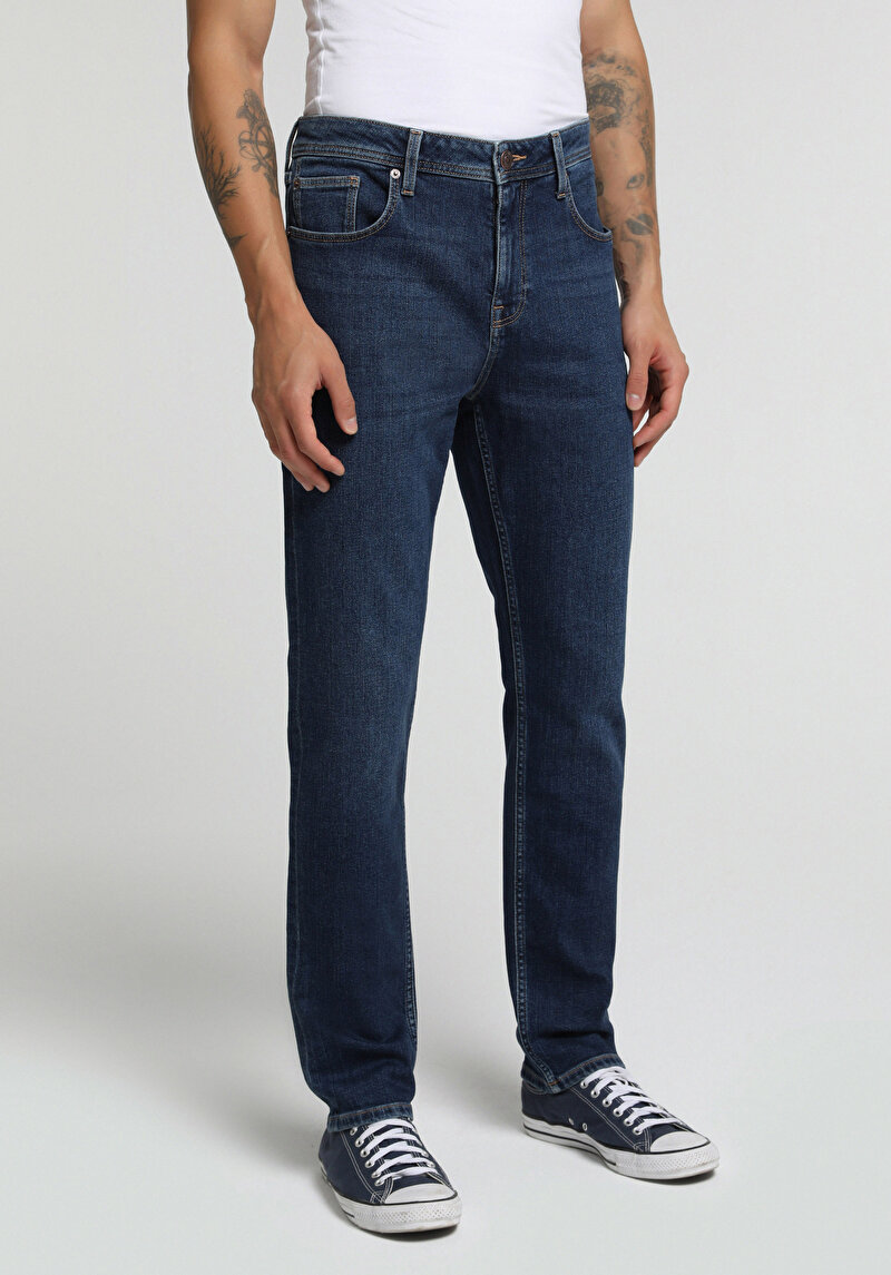 Straight Fit Orta Bel Düz Paça Erkek Dark İndigo Denim Jean Pantolon