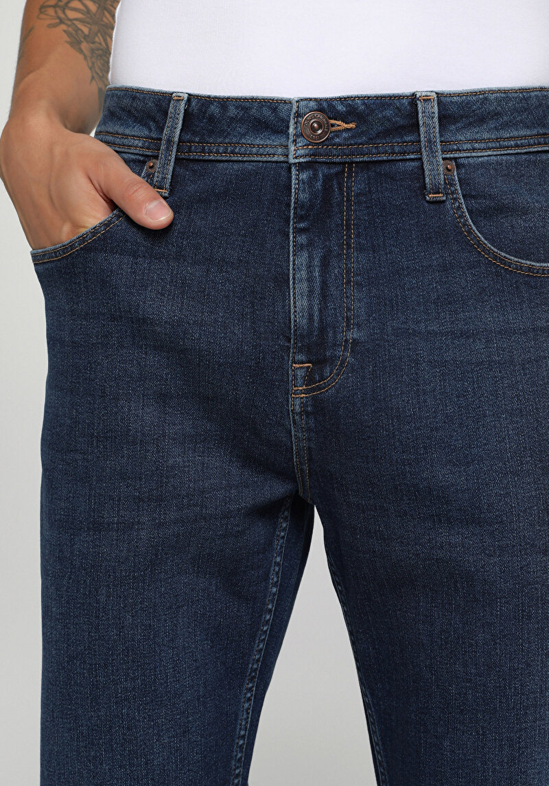 Straight Fit Orta Bel Düz Paça Erkek Dark İndigo Denim Jean Pantolon