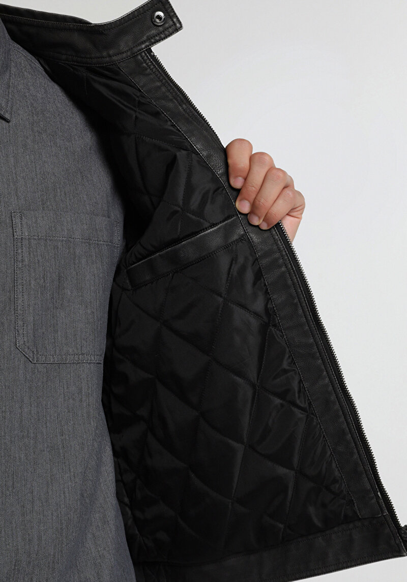 Slim Fit Dik Yaka Fermuarlı Astarlı Erkek Siyah Mont Pu