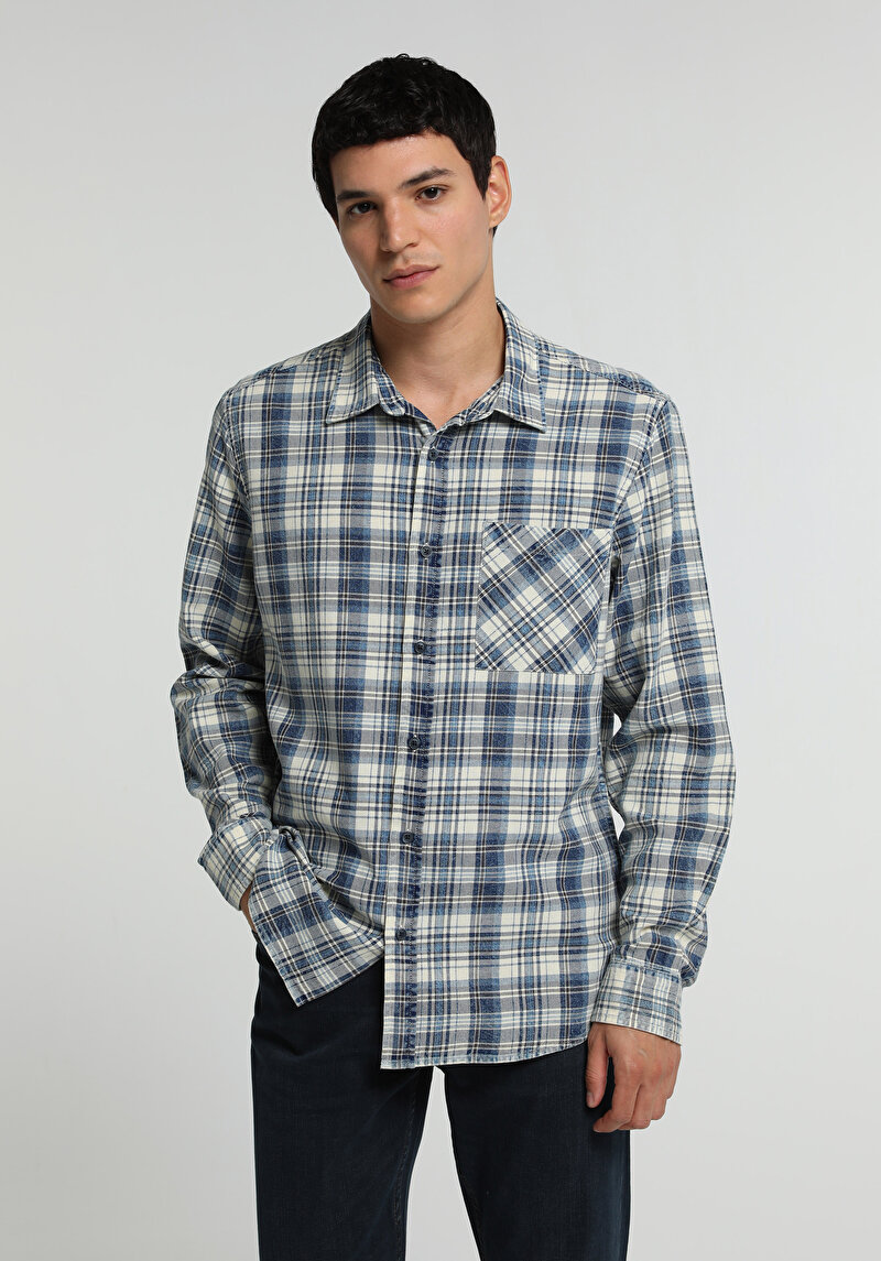Regular Fit Shirt Neck Ekoseli Erkek Mavi Uzun Kol Gömlek