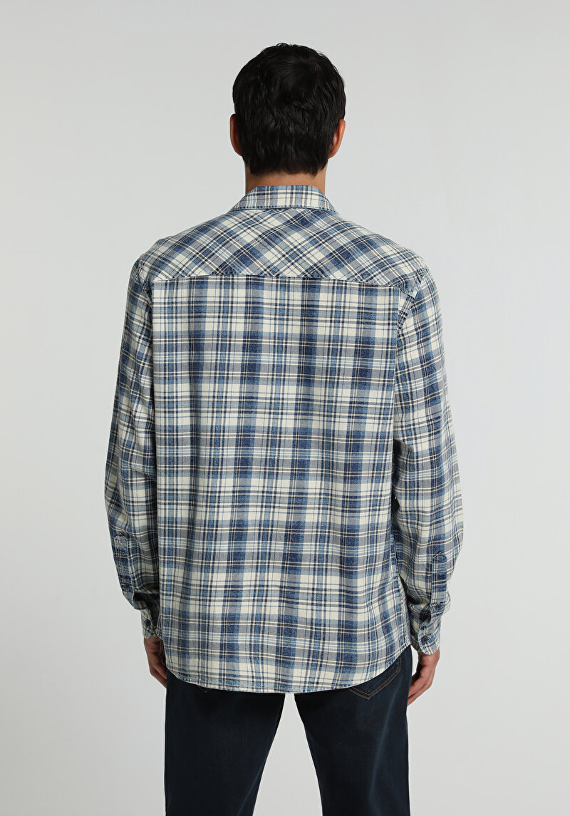 Regular Fit Shirt Neck Ekoseli Erkek Mavi Uzun Kol Gömlek