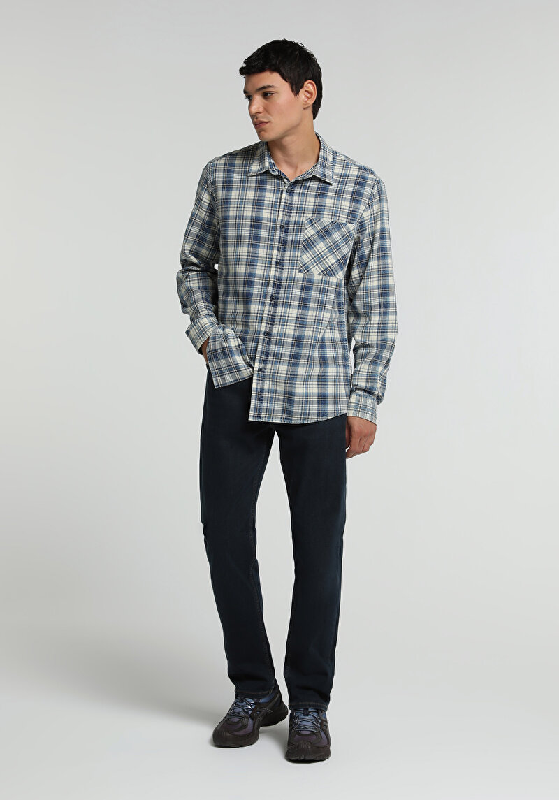 Regular Fit Shirt Neck Ekoseli Erkek Mavi Uzun Kol Gömlek