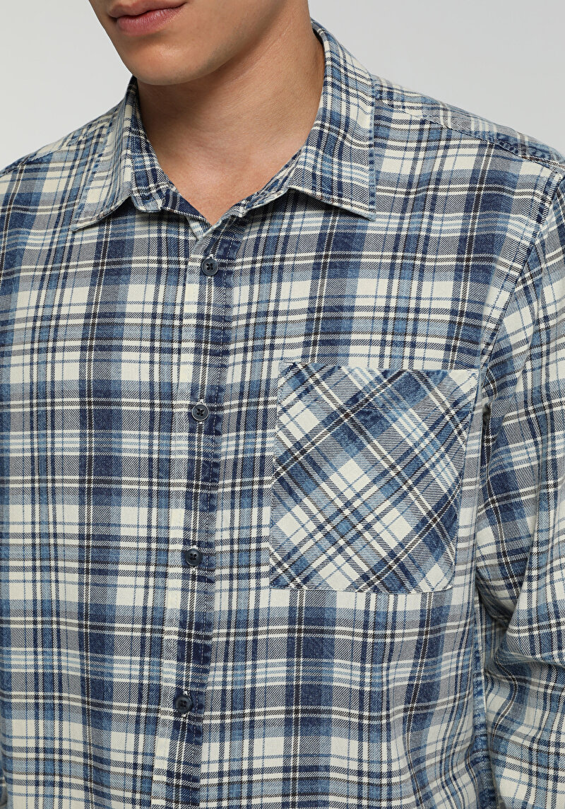 Regular Fit Shirt Neck Ekoseli Erkek Mavi Uzun Kol Gömlek