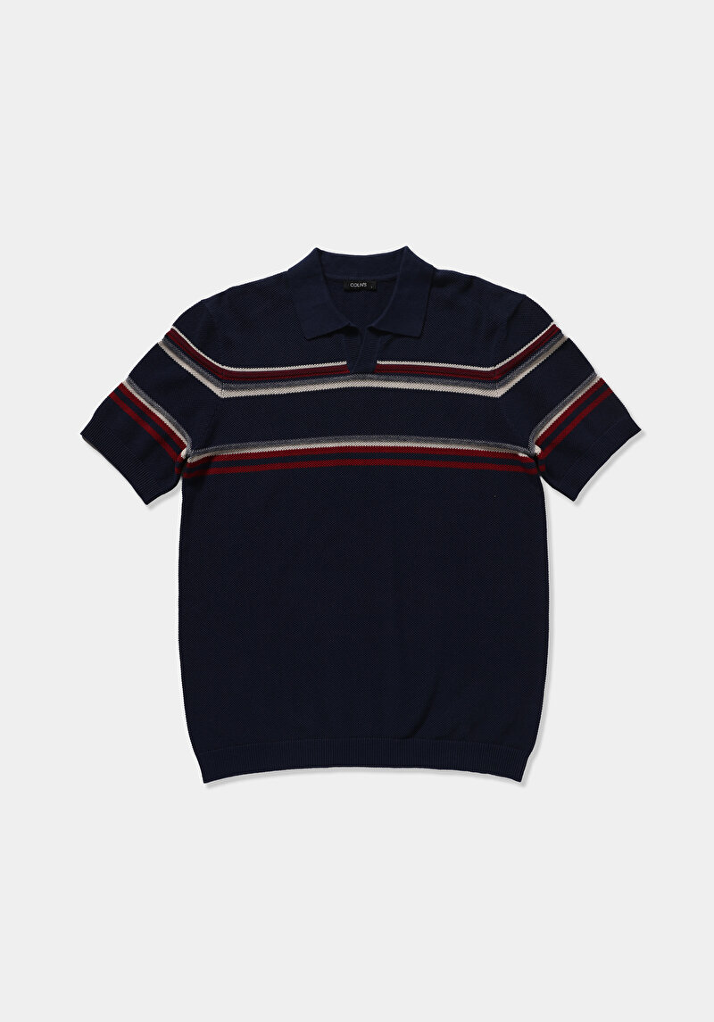 Regular Fit Polo Yaka Jakarlı Erkek Lacivert Kısa Kol Kazak