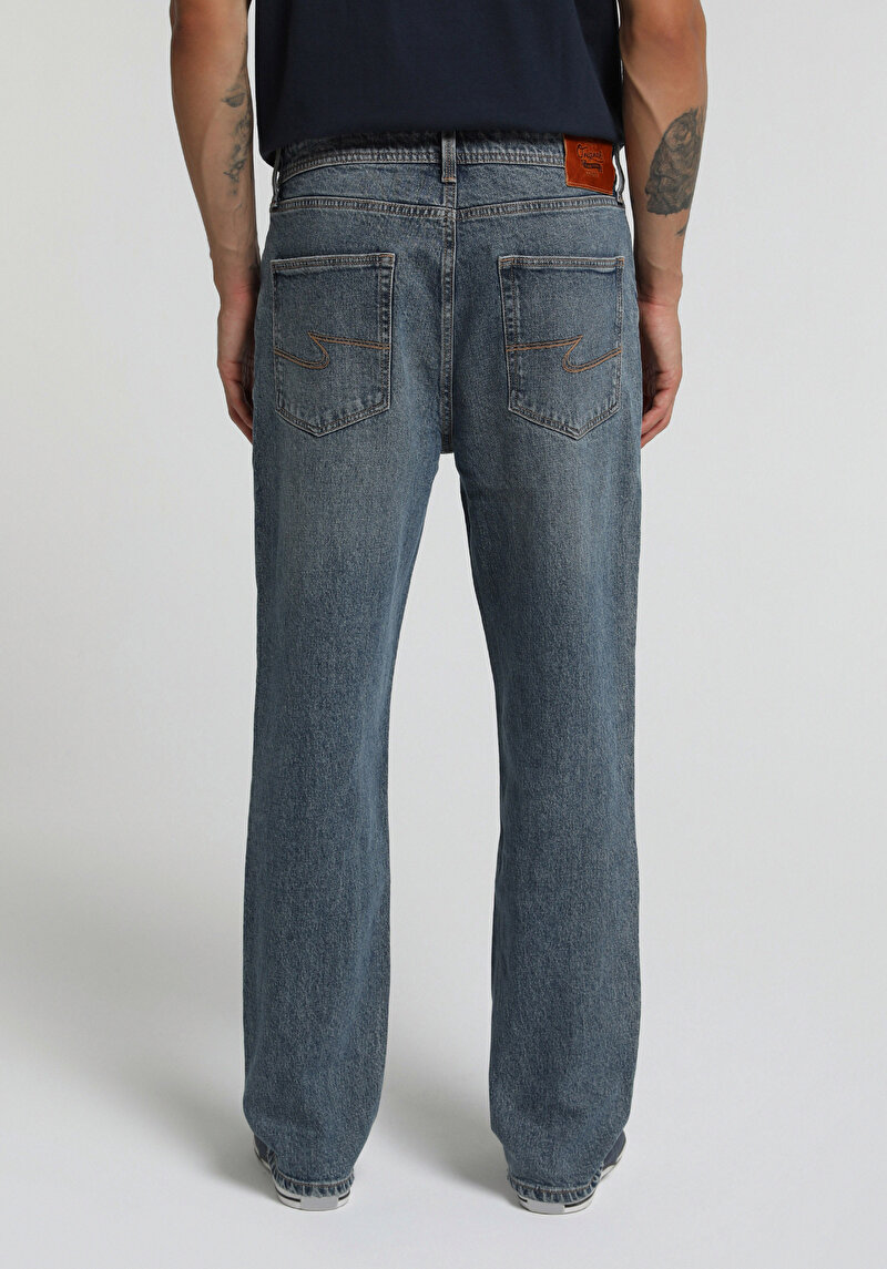 Loose Straight Fit   Erkek Mid İndigo Denim Jean Pantolon