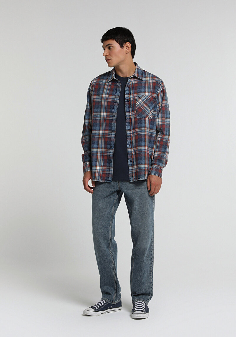 Loose Straight Fit   Erkek Mid İndigo Denim Jean Pantolon