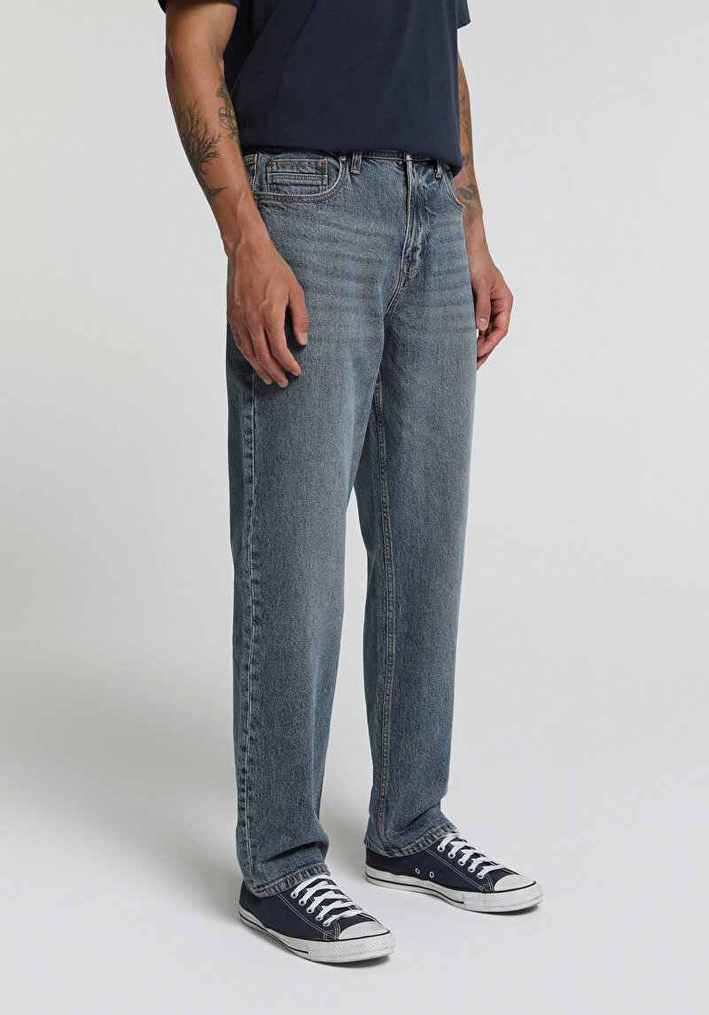 Loose Straight Fit   Erkek Mid İndigo Denim Jean Pantolon