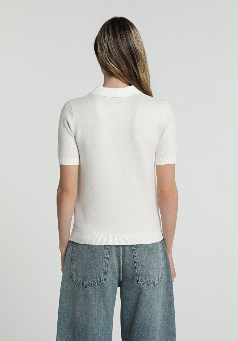 Slim Fit Polo Yaka Jakarlı Kadın Çok Renkli Kısa Kol Kazak