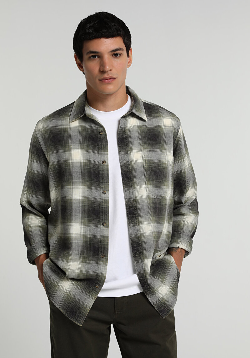 Regular Fit Shirt Neck Ekoseli Erkek Yeşil Uzun Kol Gömlek