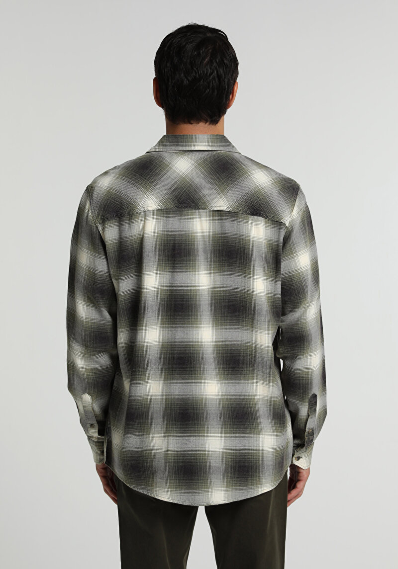 Regular Fit Shirt Neck Ekoseli Erkek Yeşil Uzun Kol Gömlek