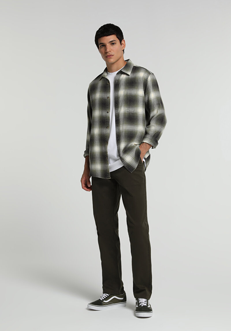 Regular Fit Shirt Neck Ekoseli Erkek Yeşil Uzun Kol Gömlek