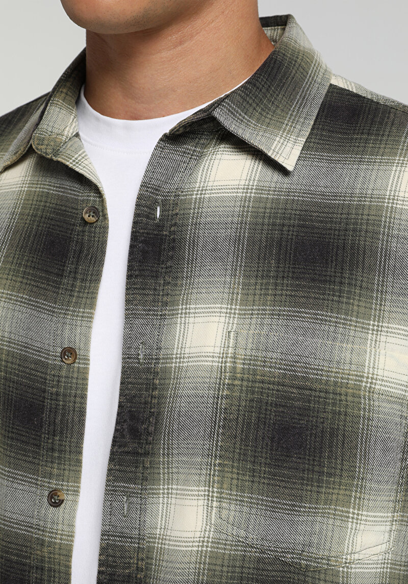 Regular Fit Shirt Neck Ekoseli Erkek Yeşil Uzun Kol Gömlek
