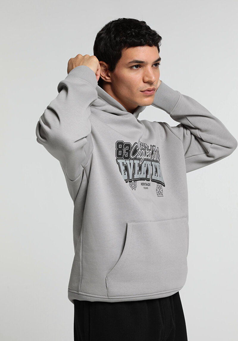 Relaxed Fit Kapüşonlu Düz Erkek Gri Sweatshirt