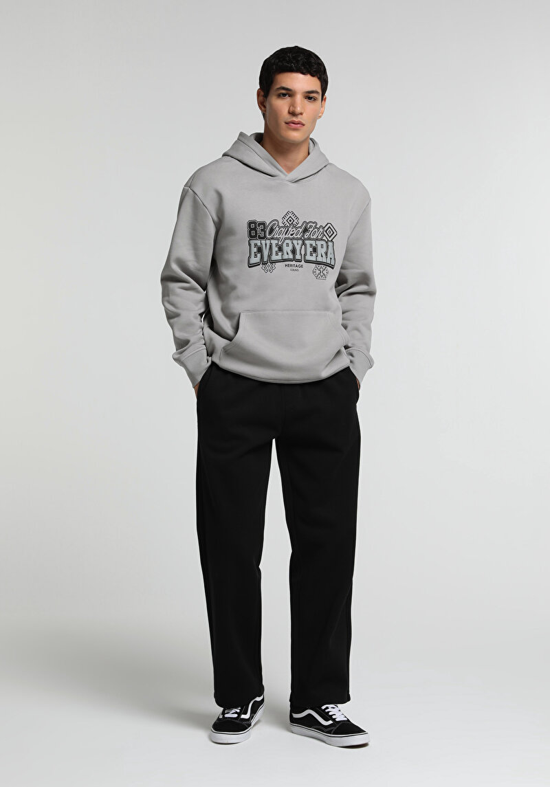 Relaxed Fit Kapüşonlu Düz Erkek Gri Sweatshirt