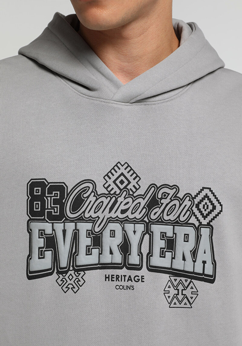 Relaxed Fit Kapüşonlu Düz Erkek Gri Sweatshirt