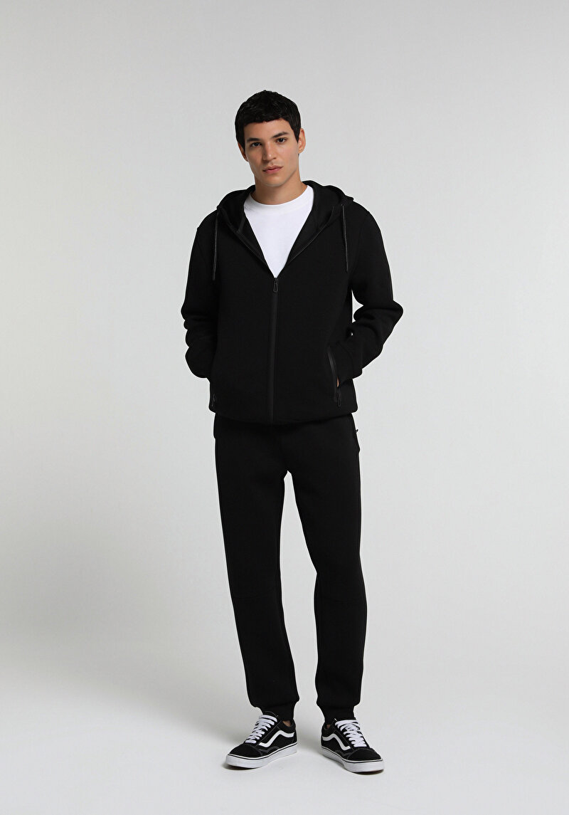 Regular Fit Kapüşonlu Düz Erkek Siyah Sweatshirt