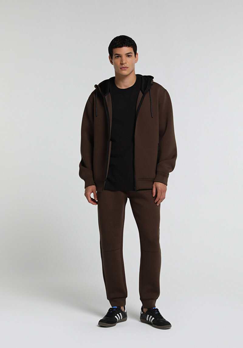 Regular Fit Kapüşonlu Düz Erkek Kahverengi Sweatshirt
