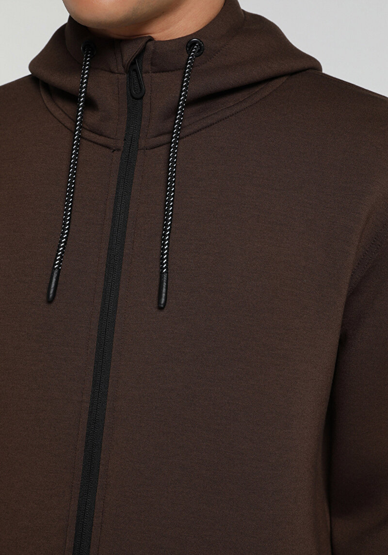 Regular Fit Kapüşonlu Düz Erkek Kahverengi Sweatshirt