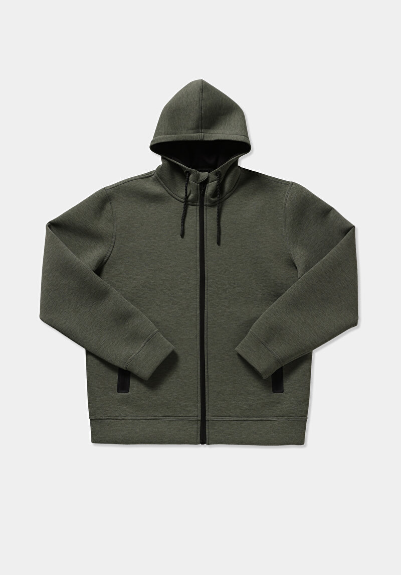 Regular Fit Kapüşonlu Düz Erkek Yeşil Sweatshirt