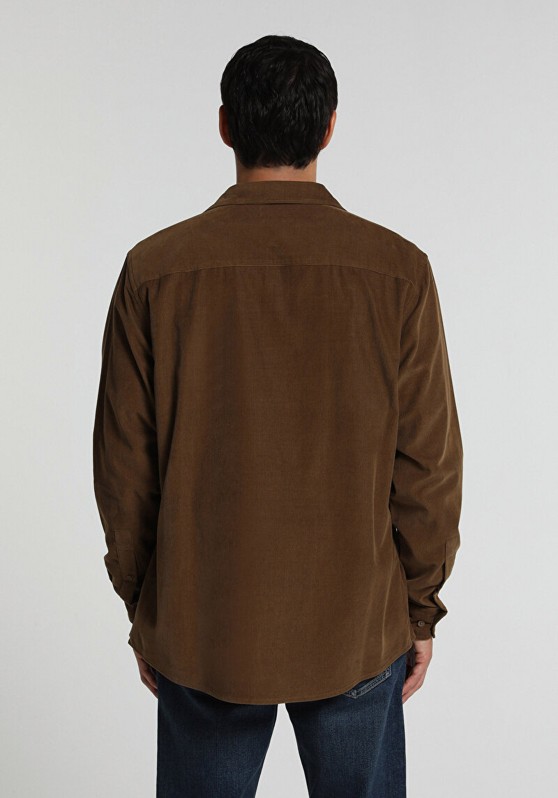 Regular Fit Shirt Neck Düz Erkek Kahverengi Uzun Kol Gömlek