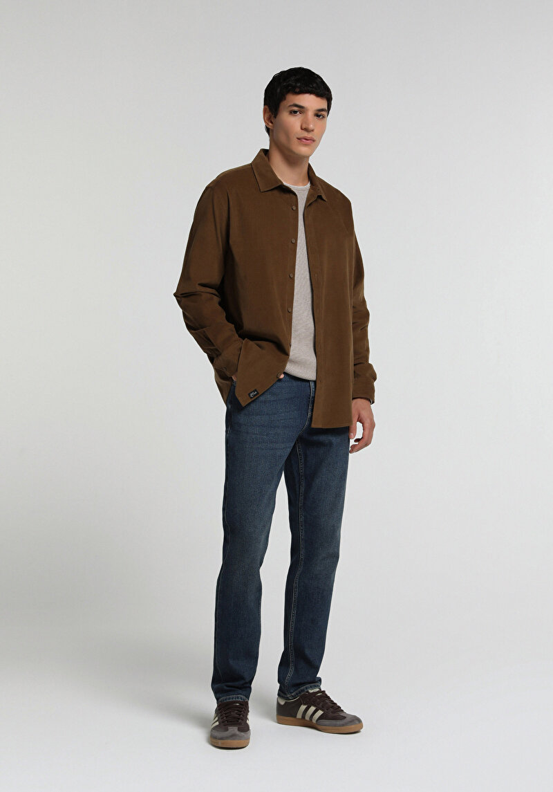 Regular Fit Shirt Neck Düz Erkek Kahverengi Uzun Kol Gömlek