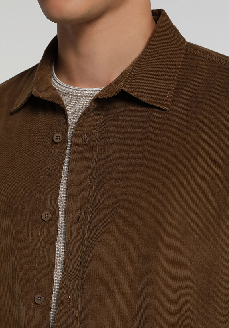 Regular Fit Shirt Neck Düz Erkek Kahverengi Uzun Kol Gömlek