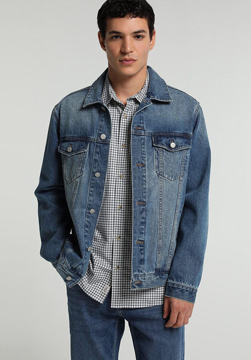 Regular Fit Düğmeli Astarsız  Erkek Mid İndigo Denim Ceket