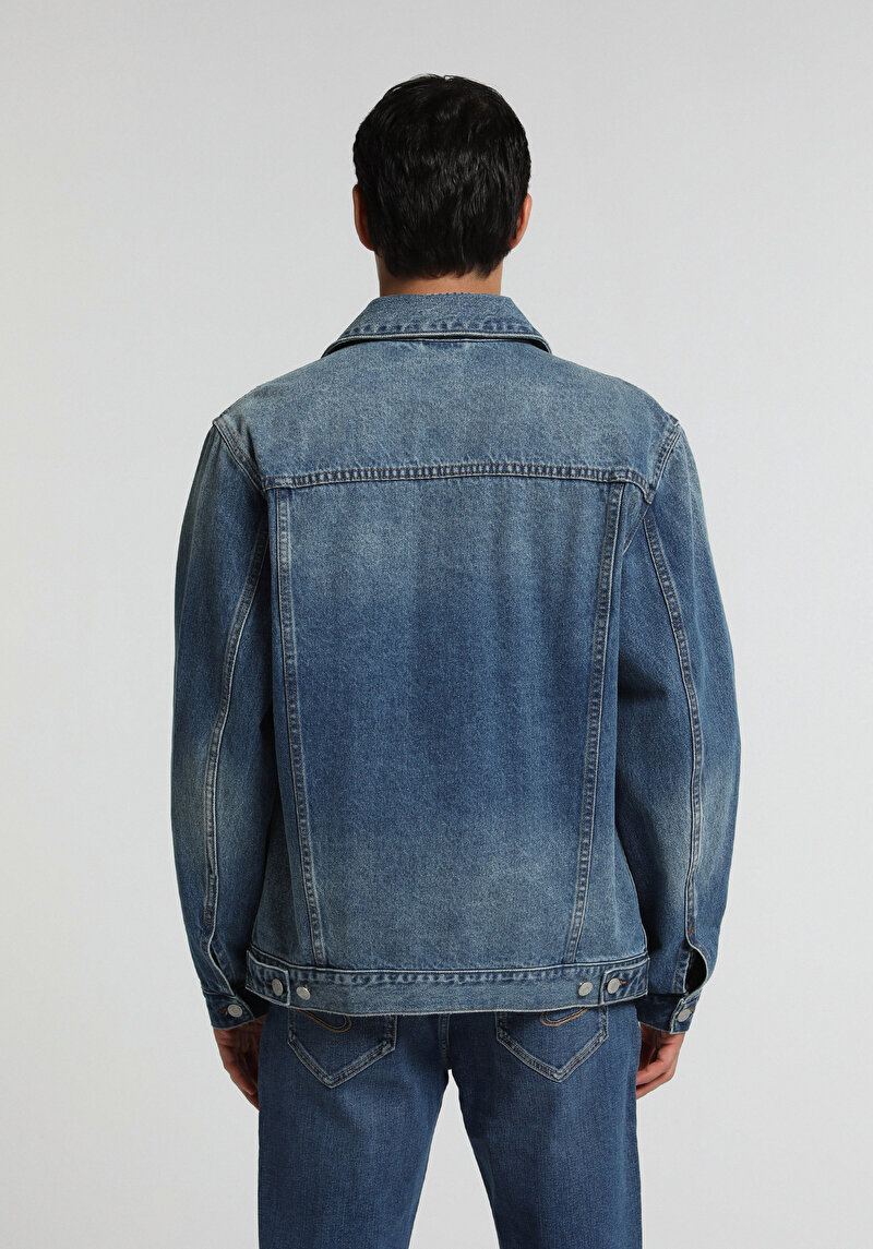 Regular Fit Düğmeli Astarsız Erkek Mid İndigo Denim Ceket
