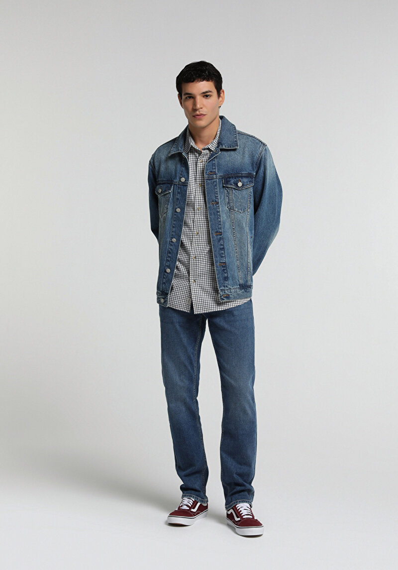Regular Fit Düğmeli Astarsız  Erkek Mid İndigo Denim Ceket