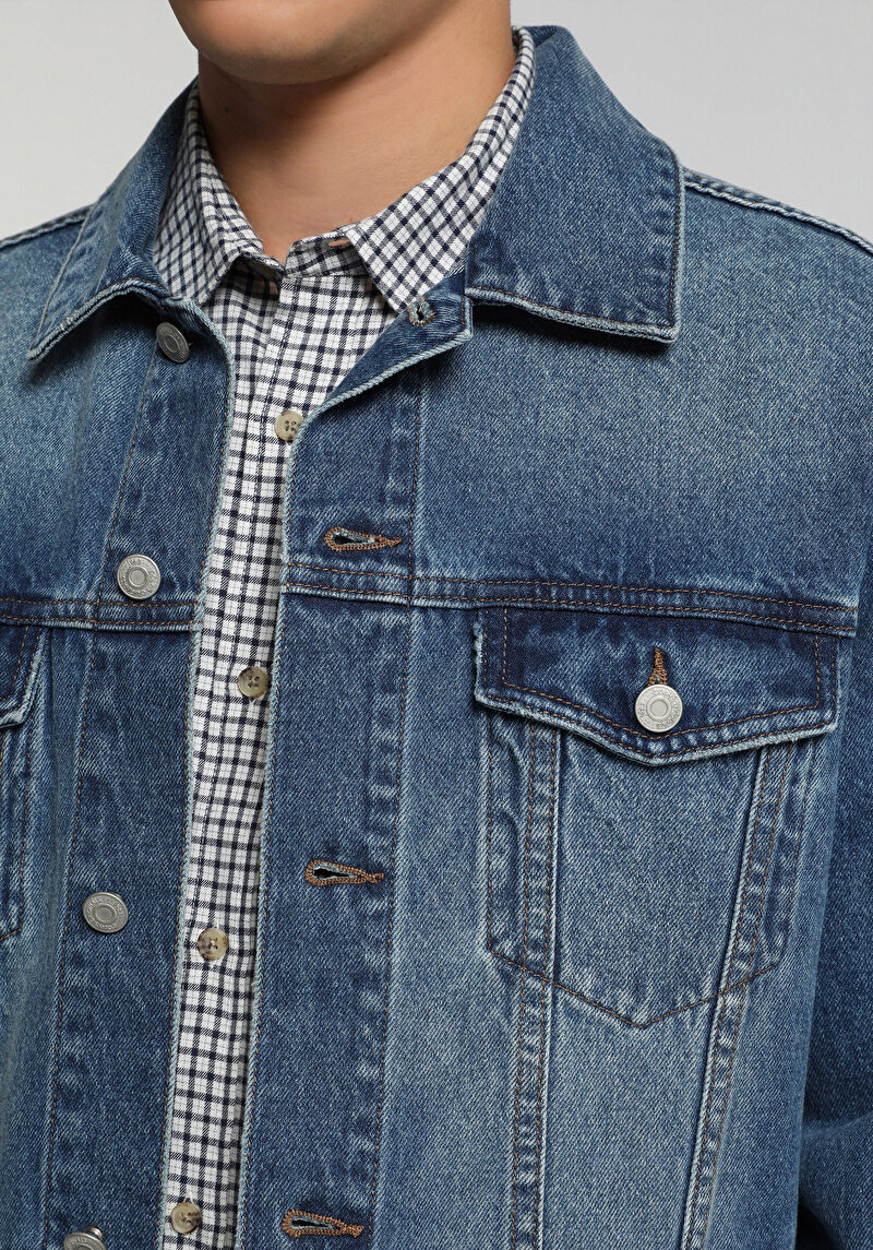 Regular Fit Düğmeli Astarsız  Erkek Mid İndigo Denim Ceket
