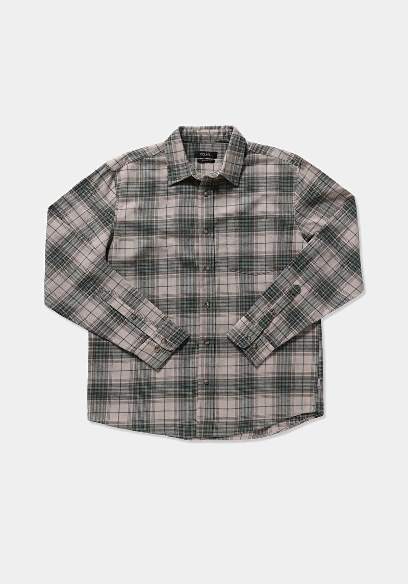 Regular Fit Shirt Neck Ekoseli Erkek Bej Uzun Kol Gömlek