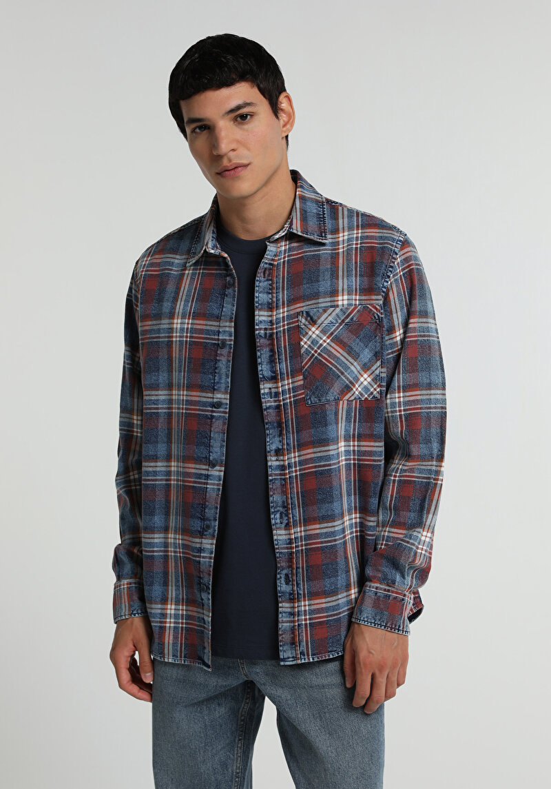 Relaxed Fit Shirt Neck Ekoseli Erkek Mavi Uzun Kol Gömlek