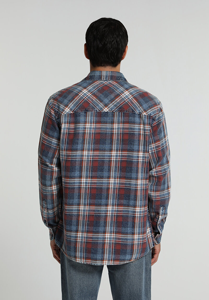 Relaxed Fit Shirt Neck Ekoseli Erkek Mavi Uzun Kol Gömlek