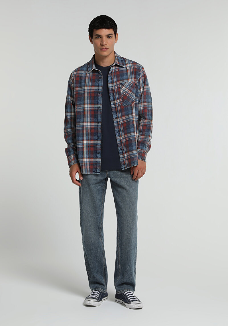 Relaxed Fit Shirt Neck Ekoseli Erkek Mavi Uzun Kol Gömlek